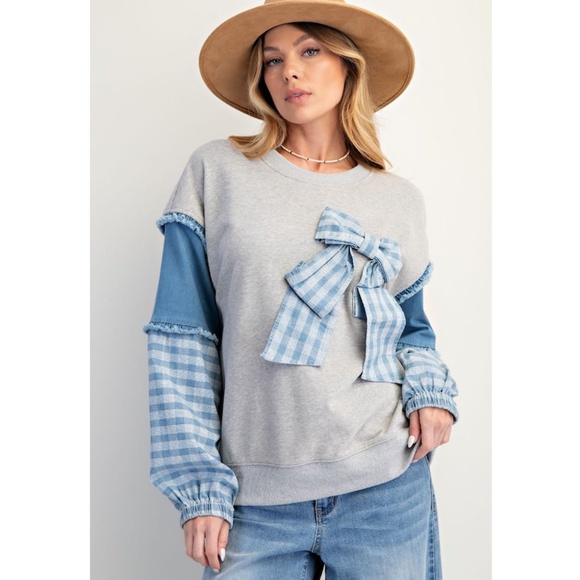 "The McKenna" Gray Denim Contrast Plaid Bow Pullover - Picture 1 of 4